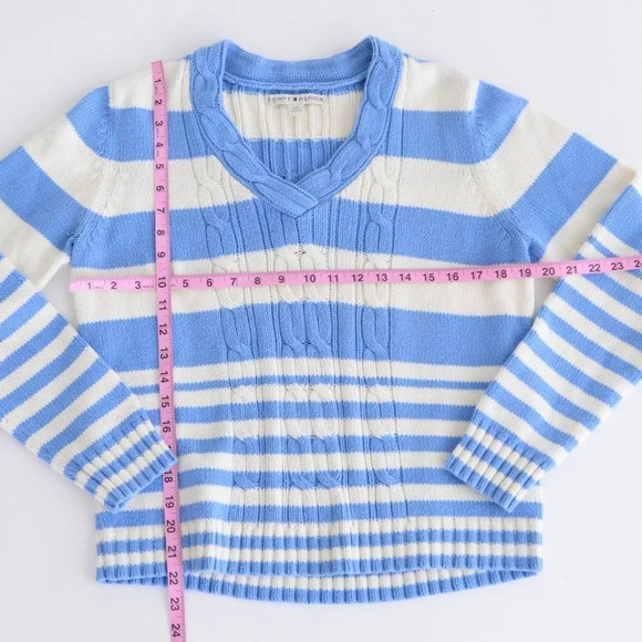 Vintage 90's Y2K Tommy Hilfiger Blue & White Stripe V-Neck Long Sleeve Sweater - Picture 5 of 12